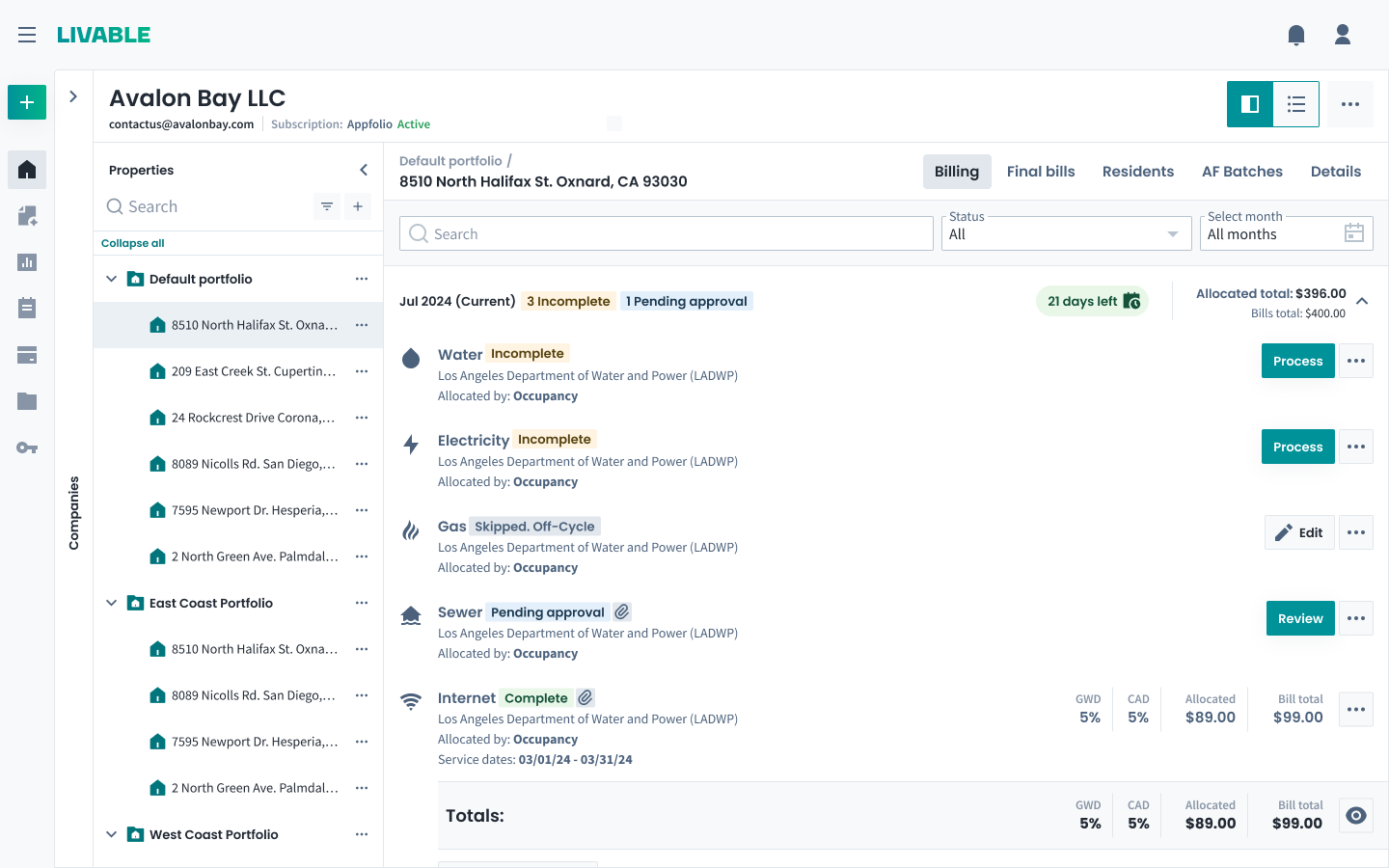 Property Manager Portal billing review dashboard screenshot