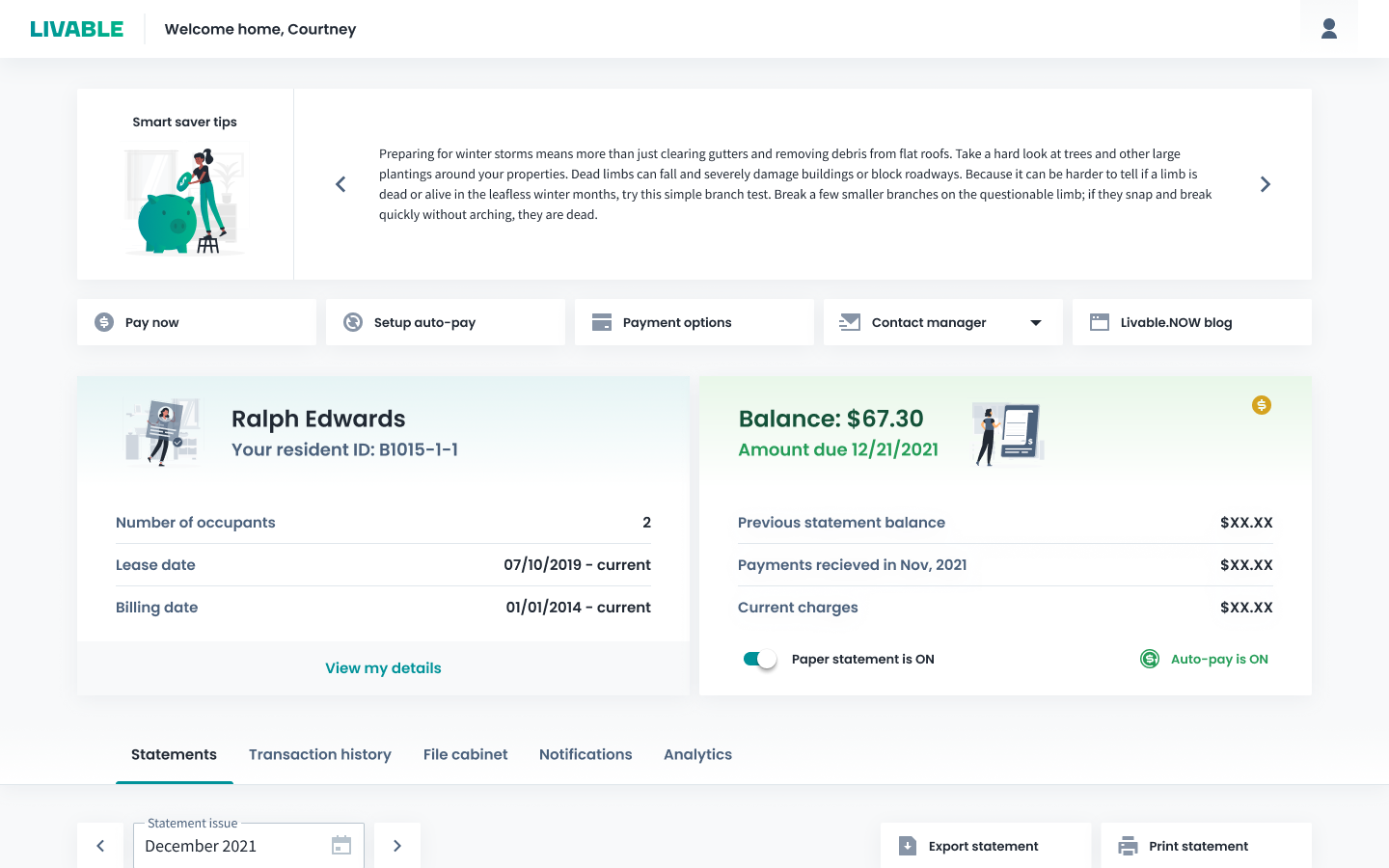 Tenant Portal statement and payment screenshot